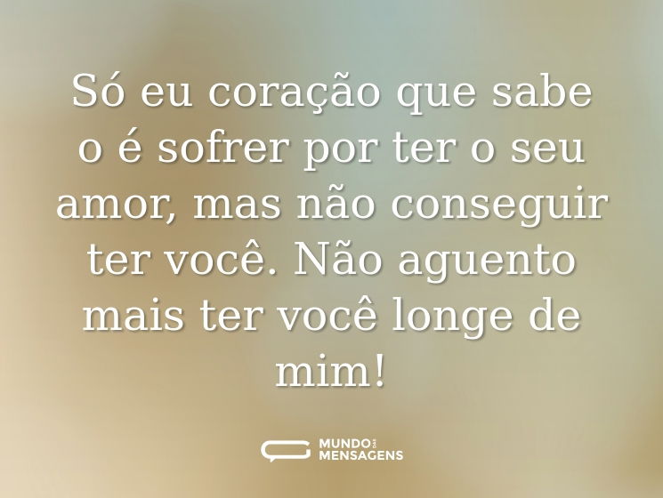 Só eu coração que sabe o é sofrer por ter o seu amor, mas não conseguir ter você. Não aguento mais ter você longe de mim!