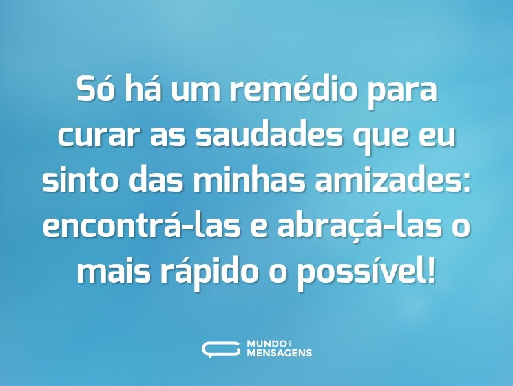Só há um remédio para curar as saudades que eu sinto das minhas amizades: encontrá-las e abraçá-las o mais rápido o possível!