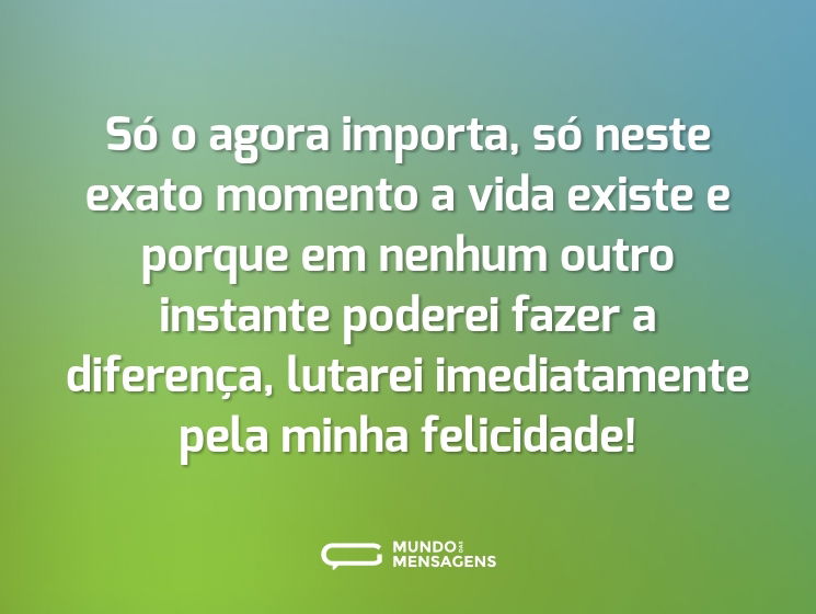 Só o agora importa, só neste exato momento a vida existe e porque em nenhum outro instante poderei fazer a diferença, lutarei imediatamente pela minha felicidade!