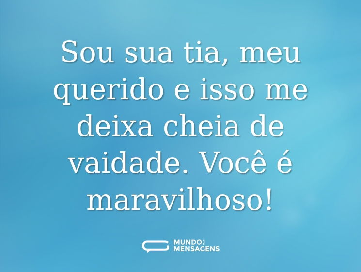 Sou sua tia, meu querido e isso me deixa cheia de vaidade. Você é maravilhoso!