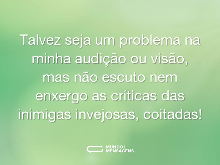 Talvez seja um problema na minha audição ou visão, mas não escuto nem enxergo as críticas das inimigas invejosas, coitadas!
