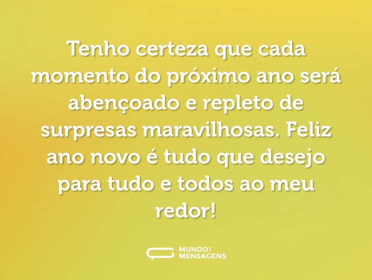 Tenho certeza que cada momento do próximo ano será abençoado e repleto de surpresas maravilhosas. Feliz ano novo é tudo que desejo para tudo e todos ao meu redor!