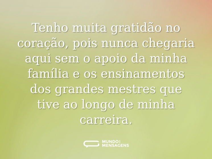 Tenho muita gratidão no coração, pois nunca chegaria aqui sem o apoio da minha família e os ensinamentos dos grandes mestres que tive ao longo de minha carreira.