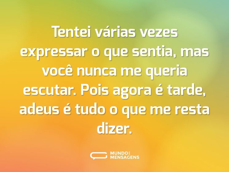 Tentei várias vezes expressar o que sentia, mas você nunca me queria escutar. Pois agora é tarde, adeus é tudo o que me resta dizer.