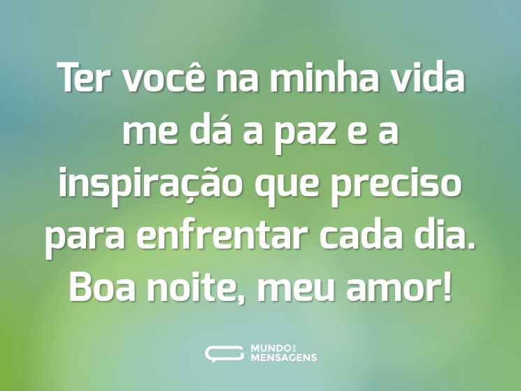 Ter você na minha vida me dá a paz e a inspiração que preciso para enfrentar cada dia. Boa noite, meu amor!