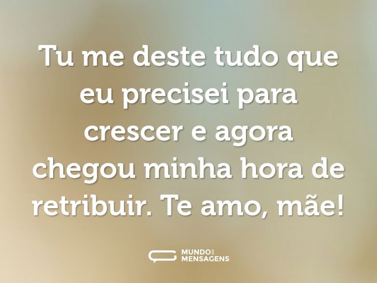 Tu me deste tudo que eu precisei para crescer e agora chegou minha hora de retribuir. Te amo, mãe!