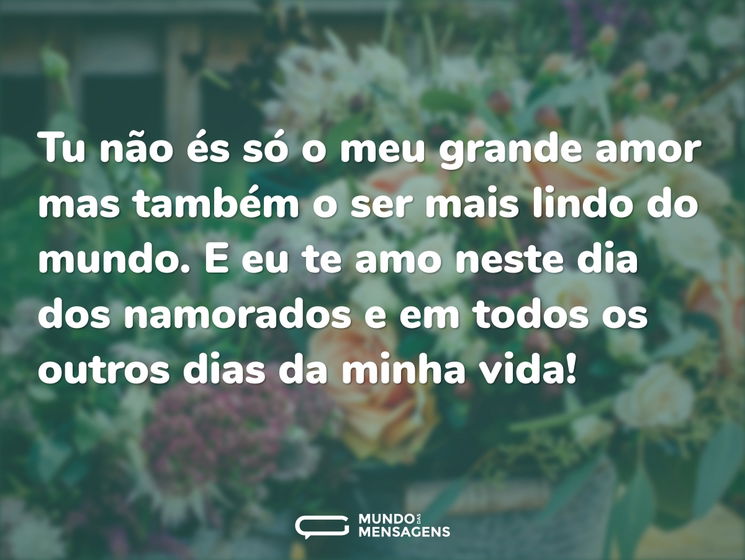 Tu não és só o meu grande amor, mas também o ser mais lindo do mundo. E eu te amo neste Dia dos Namorados e em todos os outros dias da minha vida!