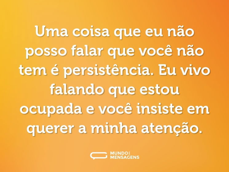 Uma coisa que eu não posso falar que você não tem é persistência. Eu vivo falando que estou ocupada e você insiste em querer a minha atenção.
