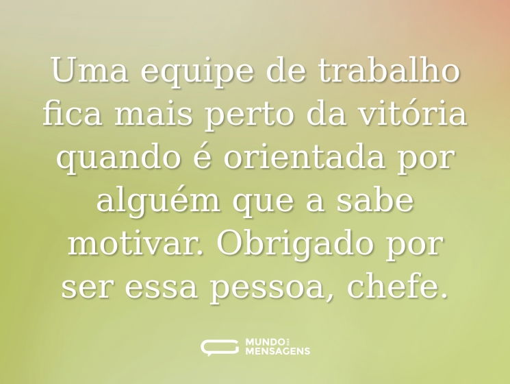 Uma equipe de trabalho fica mais perto da vitória quando é orientada por alguém que a sabe motivar. Obrigado por ser essa pessoa, chefe.