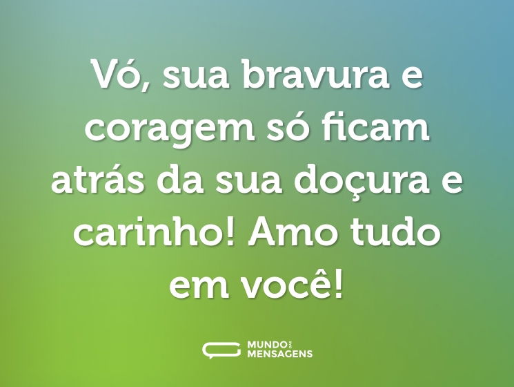 Vó, sua bravura e coragem só ficam atrás da sua doçura e carinho! Amo tudo em você!