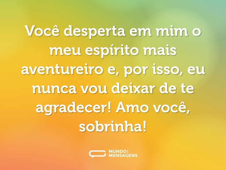Você desperta em mim o meu espírito mais aventureiro e, por isso, eu nunca vou deixar de te agradecer! Amo você, sobrinha!