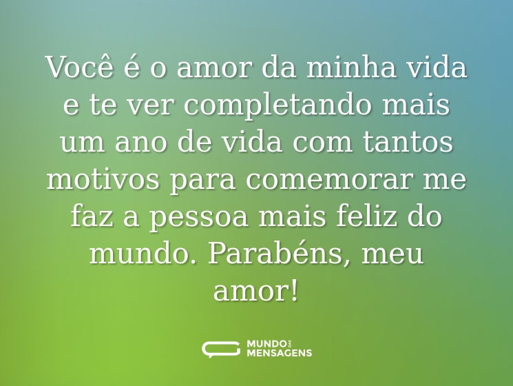 Você é o amor da minha vida e te ver completando mais um ano de vida com tantos motivos para comemorar me faz a pessoa mais feliz do mundo. Parabéns, meu amor!