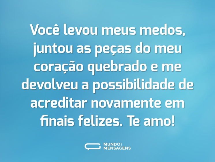 Você levou meus medos, juntou as peças do meu coração quebrado e me devolveu a possibilidade de acreditar novamente em finais felizes. Te amo!