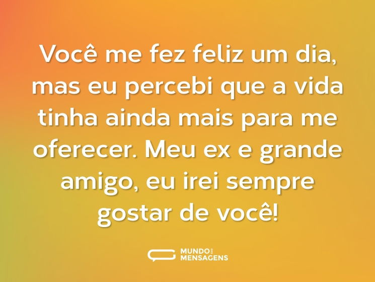 Você me fez feliz um dia, mas eu percebi que a vida tinha ainda mais para me oferecer. Meu ex e grande amigo, eu irei sempre gostar de você!