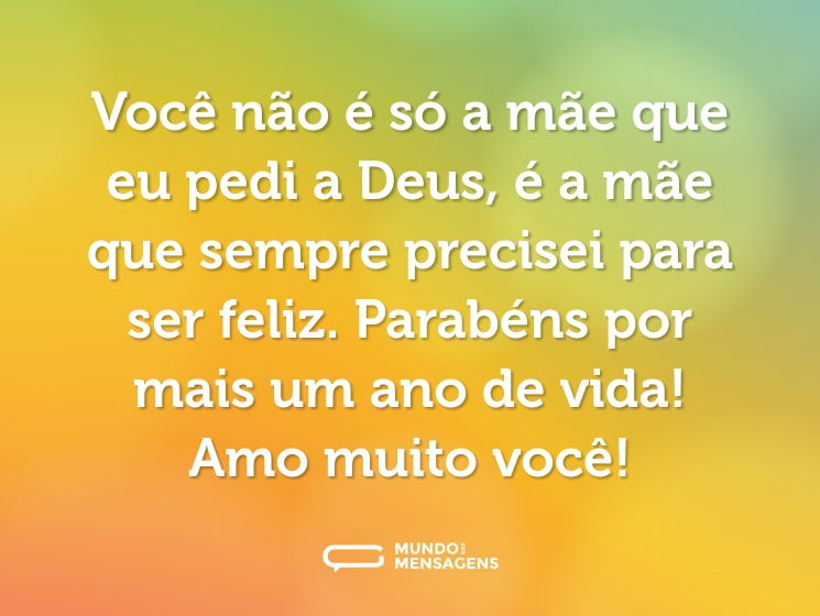 Você não é só a mãe que eu pedi a Deus, é a mãe que sempre precisei para ser feliz. Parabéns por mais um ano de vida! Amo muito você!