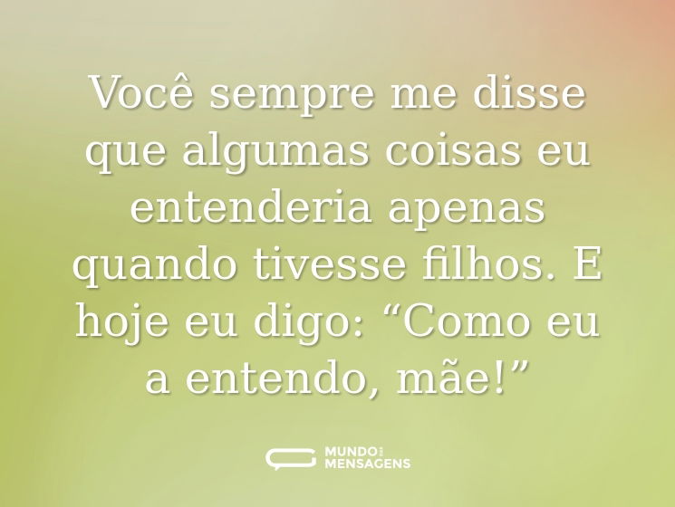 Você sempre me disse que algumas coisas eu entenderia apenas quando tivesse filhos. E hoje eu digo: “Como eu a entendo, mãe!”