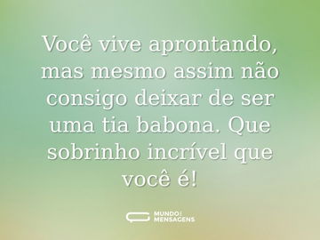 Você vive aprontando, mas mesmo assim não consigo deixar de ser uma tia babona. Que sobrinho incrível que você é!