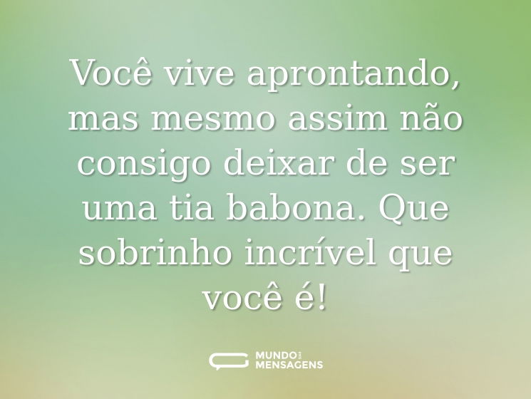 Você vive aprontando, mas mesmo assim não consigo deixar de ser uma tia babona. Que sobrinho incrível que você é!