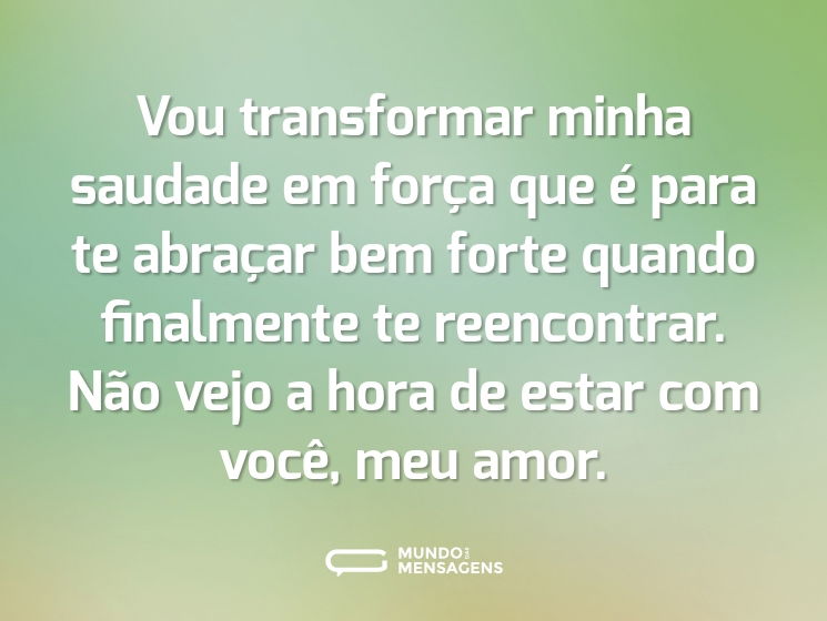 Vou transformar minha saudade em força que é para te abraçar bem forte quando finalmente te reencontrar. Não vejo a hora de estar com você, meu amor.